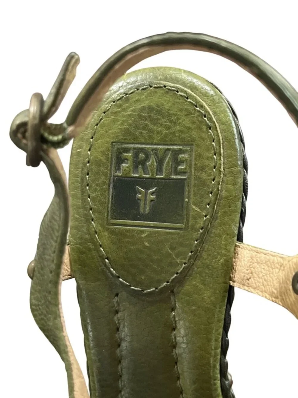 Frye Women Size 6.5 Dara Canvas Leather High Heel Sandals Wood-Heel Green Orange - Picture 7 of 10